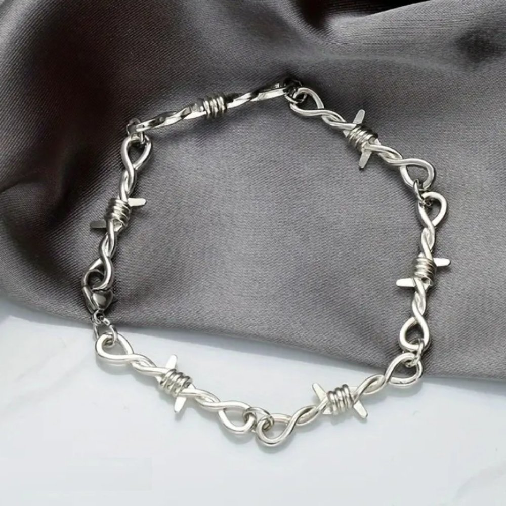 18K White Gold Barbed Wire Chain Link Bracelet Womens Silver Jewelry 18 K 7" 8"